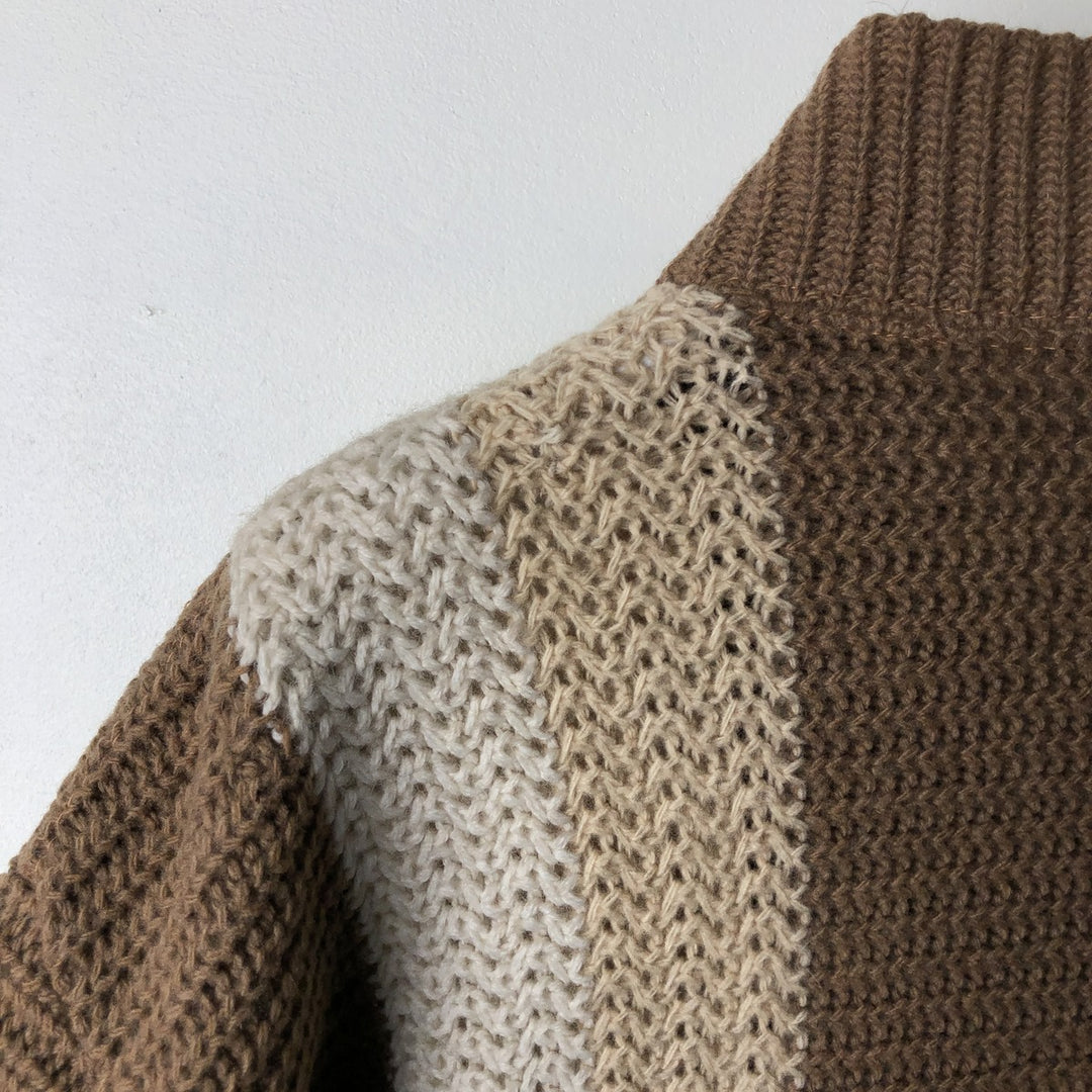 Vintage 1960'S BULKY KNIT striped wool knit cardigan, size M, men's Lamb wool beige type brown Vintage Second Hand