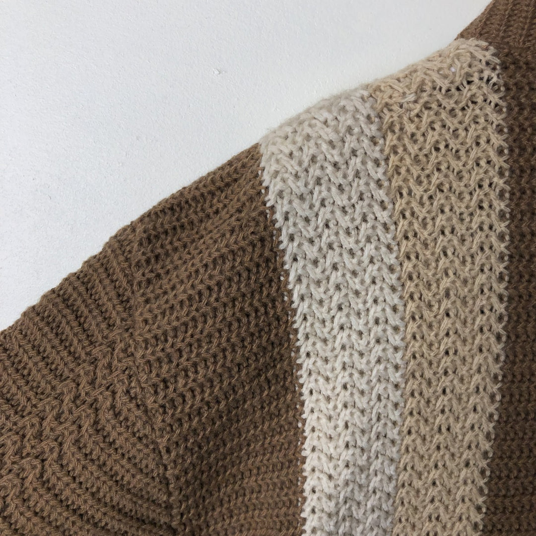 Vintage 1960'S BULKY KNIT striped wool knit cardigan, size M, men's Lamb wool beige type brown Vintage Second Hand