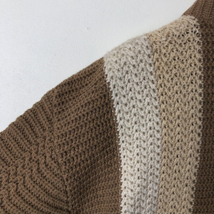 Vintage 1960'S BULKY KNIT striped wool knit cardigan, size M, men's Lamb wool beige type brown Vintage Second Hand
