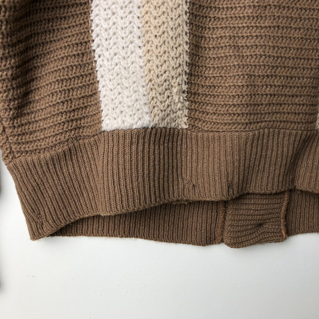 Vintage 1960'S BULKY KNIT striped wool knit cardigan, size M, men's Lamb wool beige type brown Vintage Second Hand
