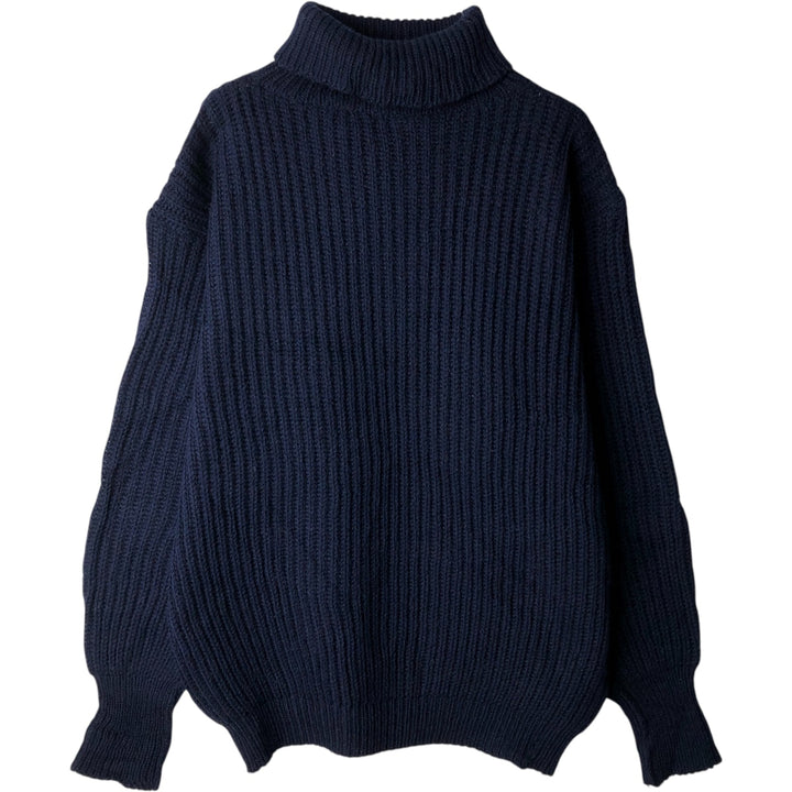 Quaker Marine Supply Co., Inc. Ribbed Turtleneck Wool Knit Sweater, Made in England, Men's Size L, Vintage wool navy blue type Vintage Second Hand