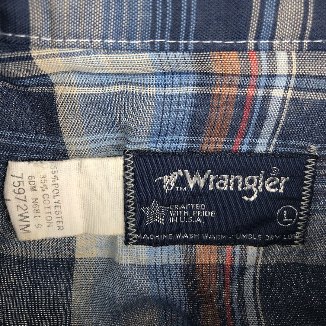Vintage 1980'S Wrangler Check Pattern Long Sleeve Western Shirt, Made in USA, Men's Size L polyester Navy blue Vintage Second Hand