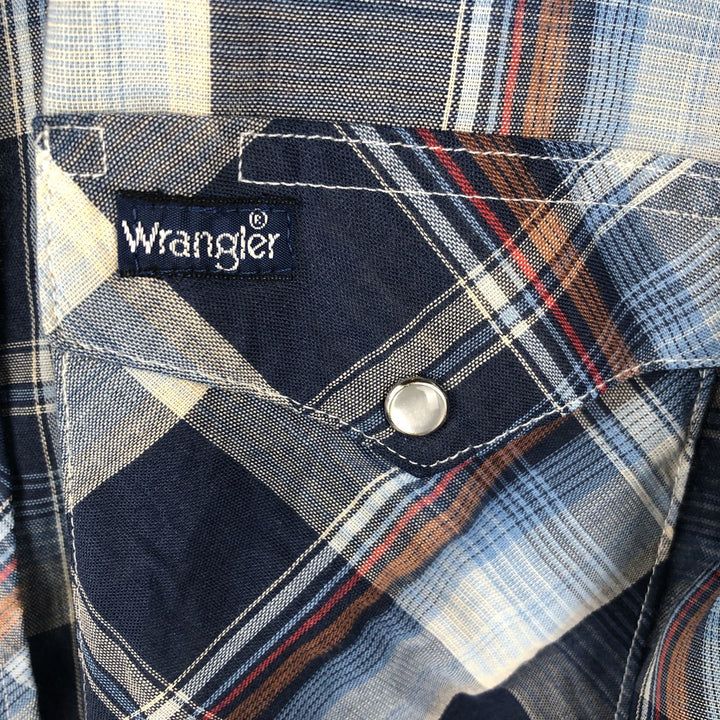 Vintage 1980'S Wrangler Check Pattern Long Sleeve Western Shirt, Made in USA, Men's Size L polyester Navy blue Vintage Second Hand