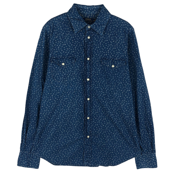 Ralph Lauren POLO RALPH LAUREN all-over print long-sleeved western shirt, men's size M cotton Navy blue Vintage Second Hand