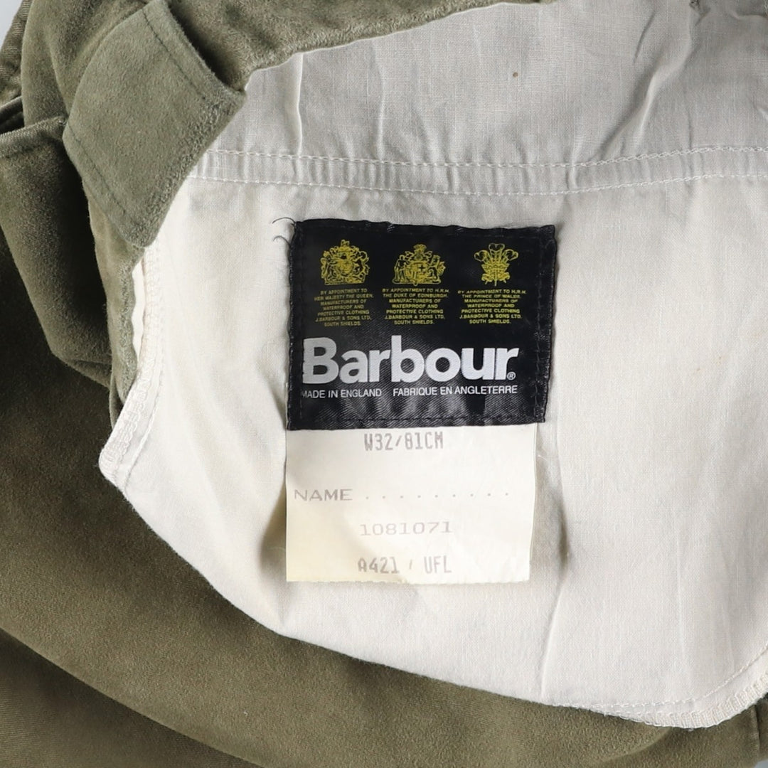 Vintage 80s-90'S Barbour 3 Warrant Moleskin Cotton Pants, Made in the UK, Men's Size W32 cotton Khaki type sage green Vintage Second Hand