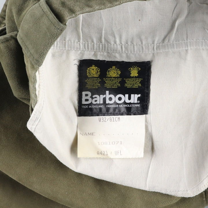 Vintage 80s-90'S Barbour 3 Warrant Moleskin Cotton Pants, Made in the UK, Men's Size W32 cotton Khaki type sage green Vintage Second Hand