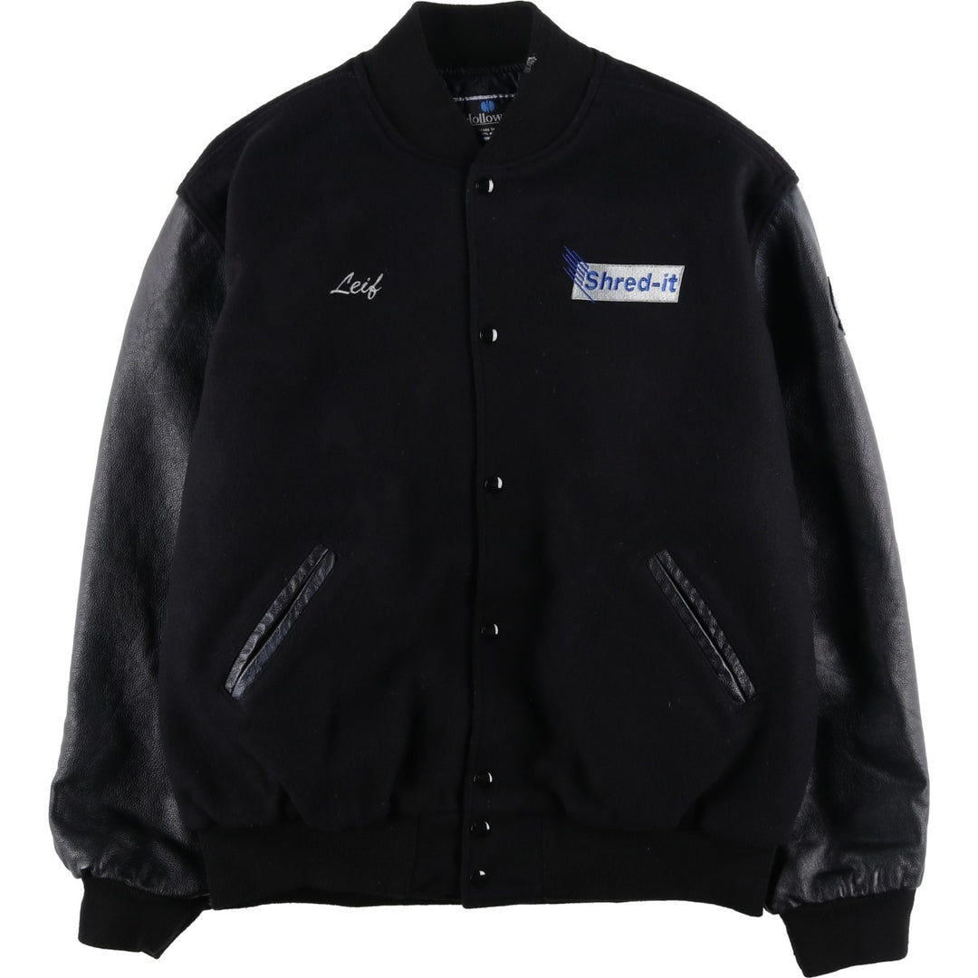 90s-00'S HOLLOWAY Shred-it Advertising Leather Sleeve Wool Button Varsity Jacket, Made in USA, Men's XXL equivalent. Recycled wool black type Vintage Second Hand