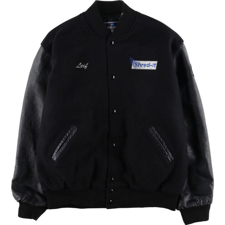 90s-00'S HOLLOWAY Shred-it Advertising Leather Sleeve Wool Button Varsity Jacket, Made in USA, Men's XXL equivalent. Recycled wool black type Vintage Second Hand