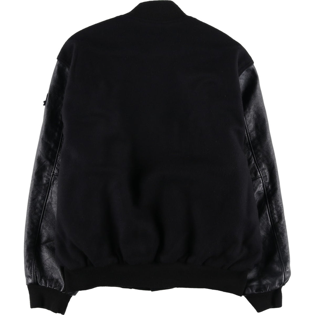 90s-00'S HOLLOWAY Shred-it Advertising Leather Sleeve Wool Button Varsity Jacket, Made in USA, Men's XXL equivalent. Recycled wool black type Vintage Second Hand