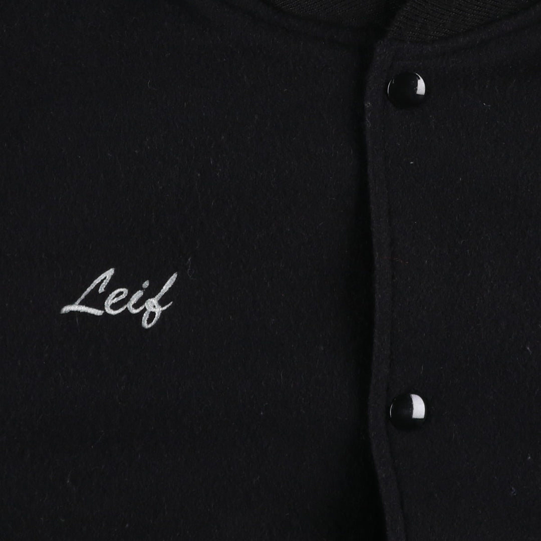 90s-00'S HOLLOWAY Shred-it Advertising Leather Sleeve Wool Button Varsity Jacket, Made in USA, Men's XXL equivalent. Recycled wool black type Vintage Second Hand