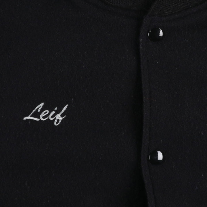 90s-00'S HOLLOWAY Shred-it Advertising Leather Sleeve Wool Button Varsity Jacket, Made in USA, Men's XXL equivalent. Recycled wool black type Vintage Second Hand