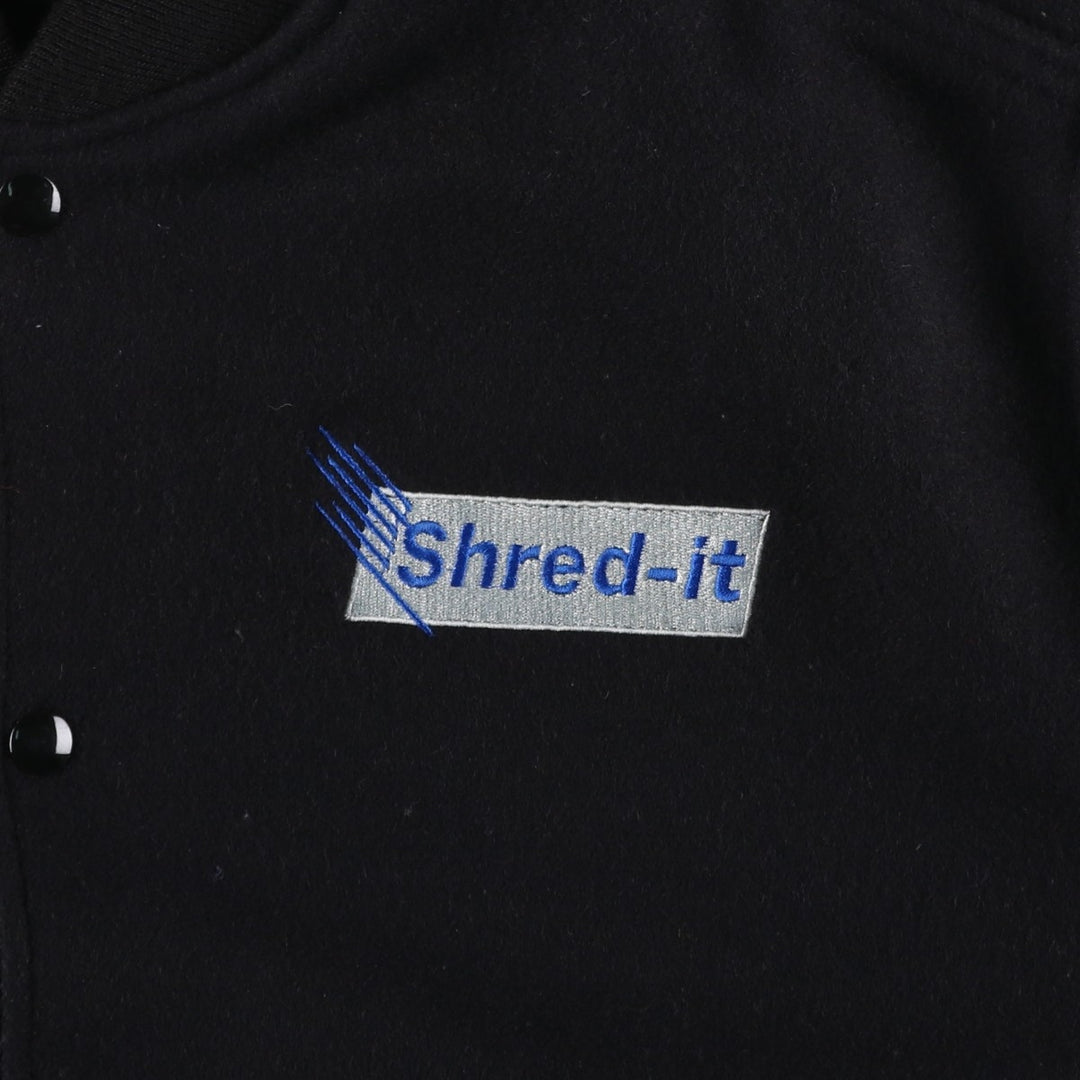 90s-00'S HOLLOWAY Shred-it Advertising Leather Sleeve Wool Button Varsity Jacket, Made in USA, Men's XXL equivalent. Recycled wool black type Vintage Second Hand