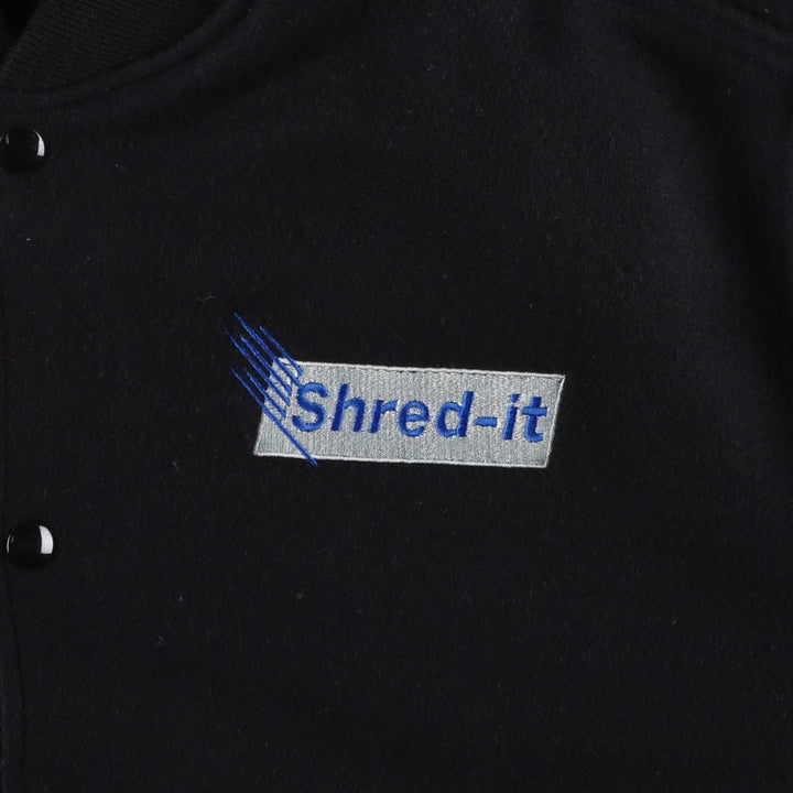 90s-00'S HOLLOWAY Shred-it Advertising Leather Sleeve Wool Button Varsity Jacket, Made in USA, Men's XXL equivalent. Recycled wool black type Vintage Second Hand