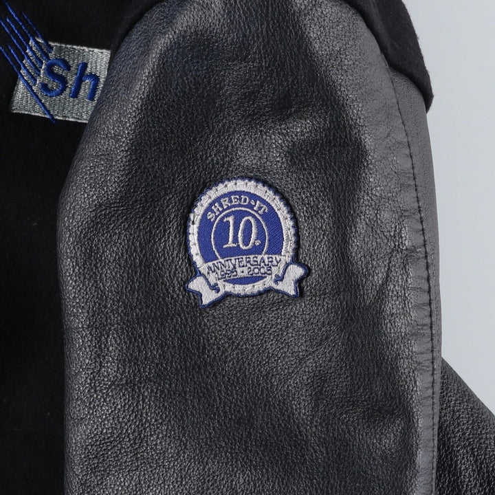90s-00'S HOLLOWAY Shred-it Advertising Leather Sleeve Wool Button Varsity Jacket, Made in USA, Men's XXL equivalent. Recycled wool black type Vintage Second Hand