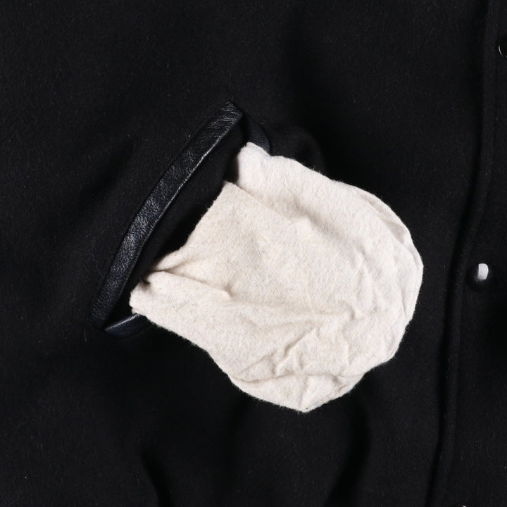 90s-00'S HOLLOWAY Shred-it Advertising Leather Sleeve Wool Button Varsity Jacket, Made in USA, Men's XXL equivalent. Recycled wool black type Vintage Second Hand