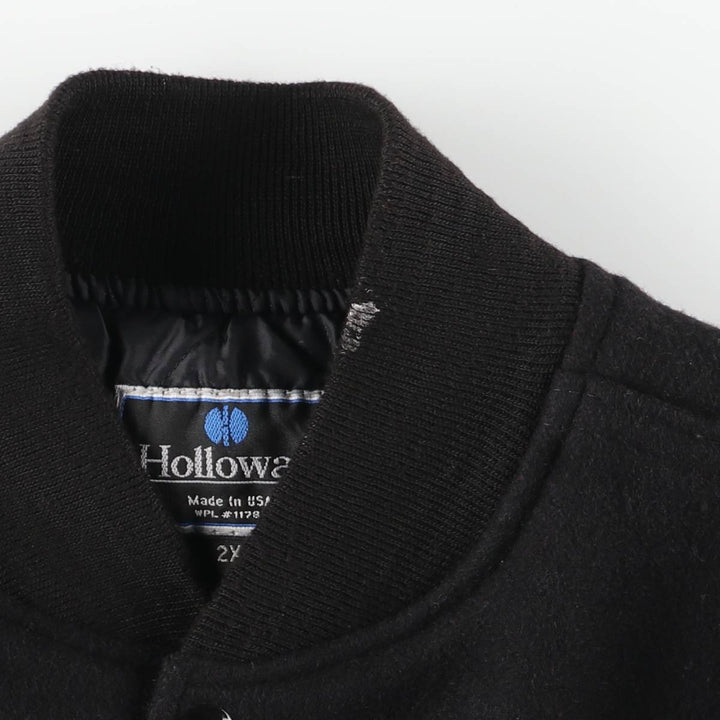 90s-00'S HOLLOWAY Shred-it Advertising Leather Sleeve Wool Button Varsity Jacket, Made in USA, Men's XXL equivalent. Recycled wool black type Vintage Second Hand