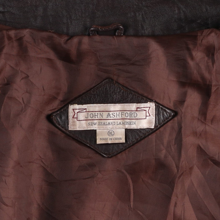 JOHN ASHFORD padded leather jacket, men's size XL genuine leather brown type Vintage Second Hand