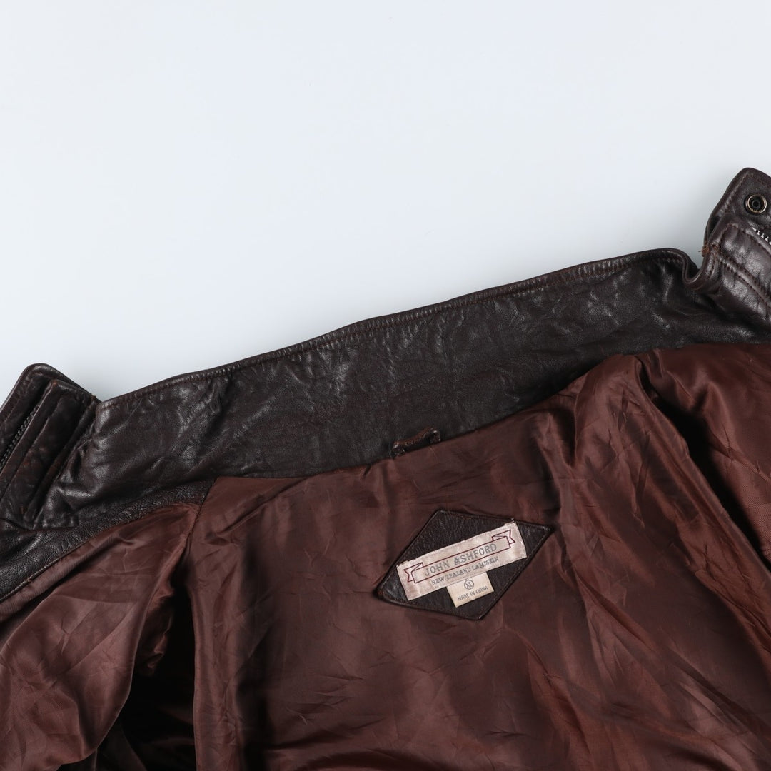 JOHN ASHFORD padded leather jacket, men's size XL genuine leather brown type Vintage Second Hand