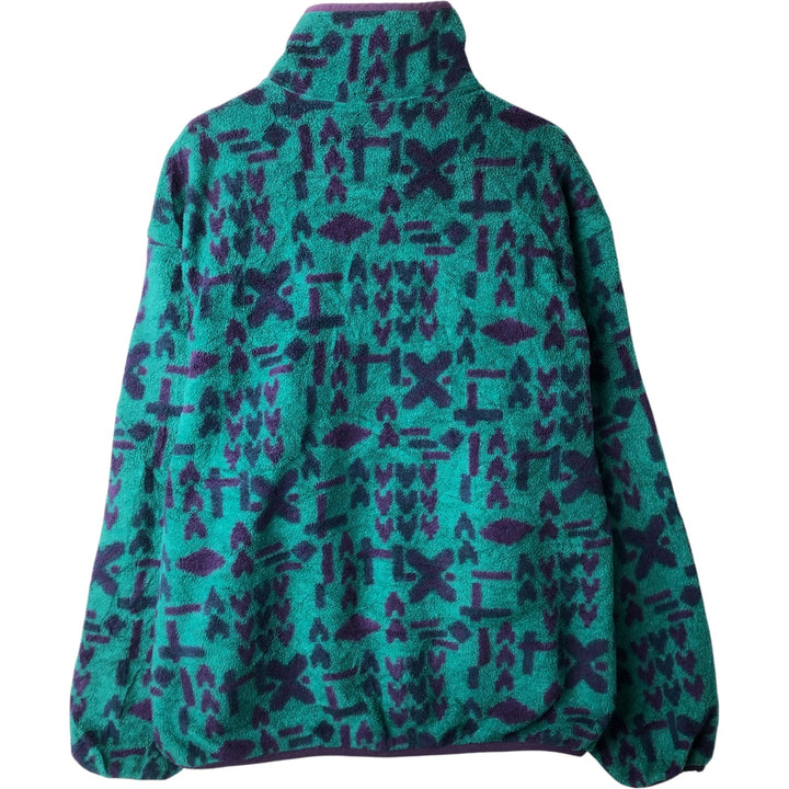 90'S WOOLRICH Snap-on Tee, All-Over Print, Half-Snap, Fleece Pullover, Made in USA, Men's Size L, Vintage polyester green type Vintage Second Hand