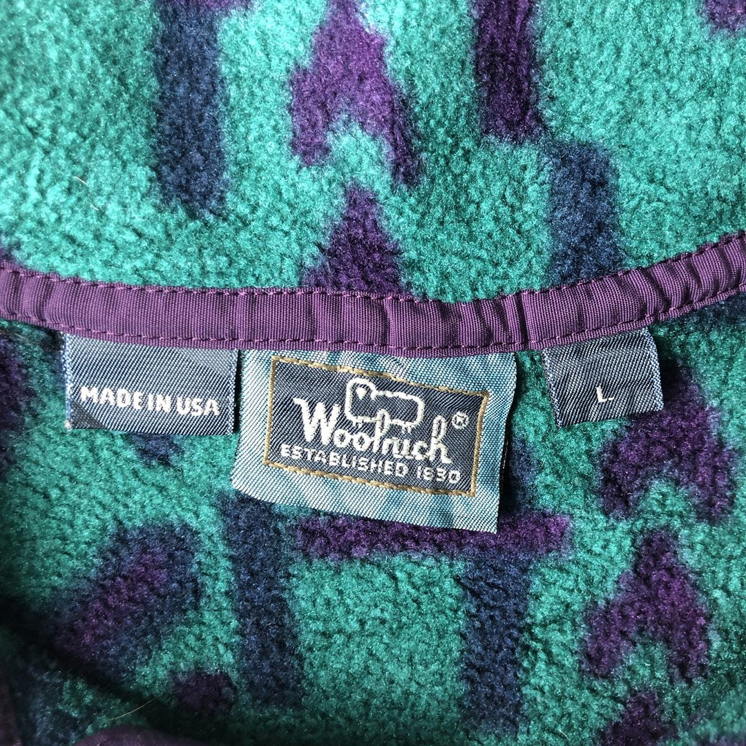 90'S WOOLRICH Snap-on Tee, All-Over Print, Half-Snap, Fleece Pullover, Made in USA, Men's Size L, Vintage polyester green type Vintage Second Hand