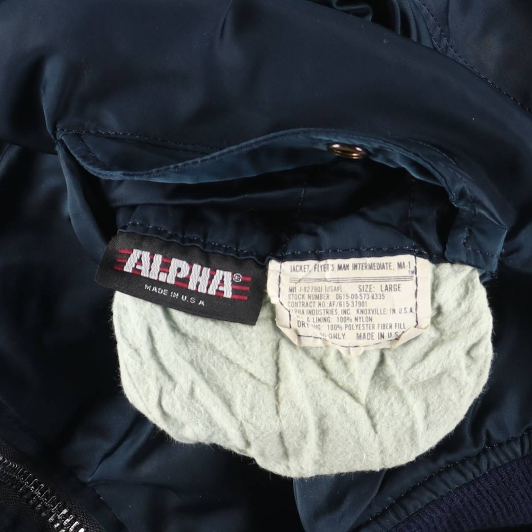 Vintage 1980s-1990'S Alpha MA-1 style padded military flight jacket, made in the USA, men's size L. Nylon Green type dark green Vintage Second Hand