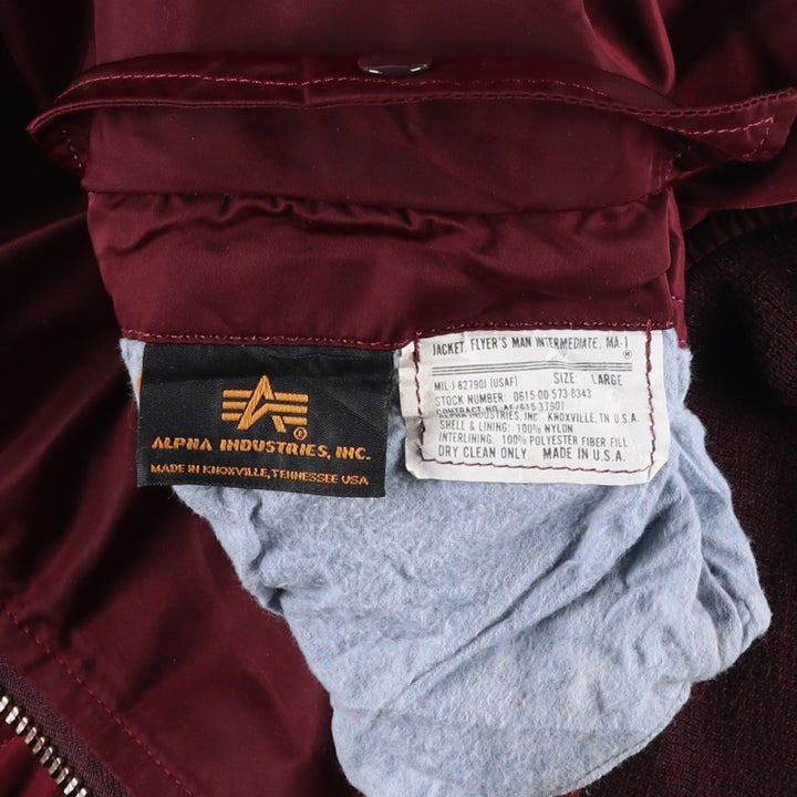 90'S civilian Alpha MA-1 style padded military flight jacket, made in the USA, men's size L, vintage Nylon wine-red Vintage Second Hand
