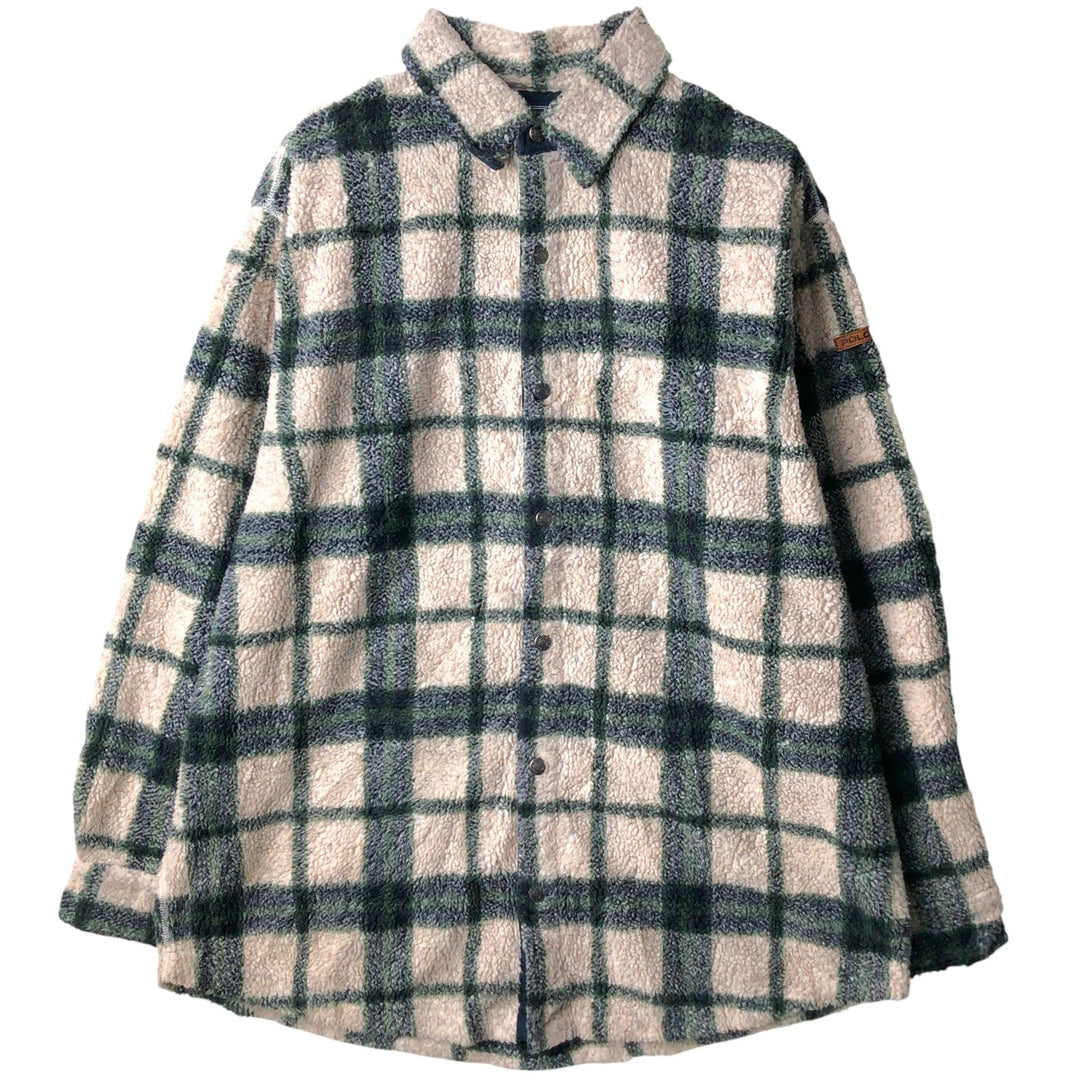 Ralph Lauren POLO SPORT Check Pattern Fleece Shirt Jacket, Made in Canada, Men's Size L acrylic unbleached Vintage Second Hand