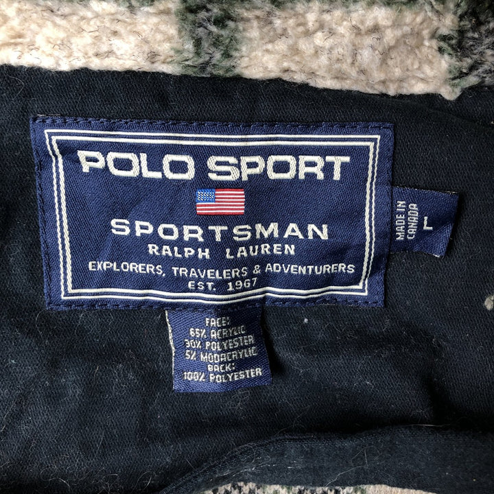 Ralph Lauren POLO SPORT Check Pattern Fleece Shirt Jacket, Made in Canada, Men's Size L acrylic unbleached Vintage Second Hand