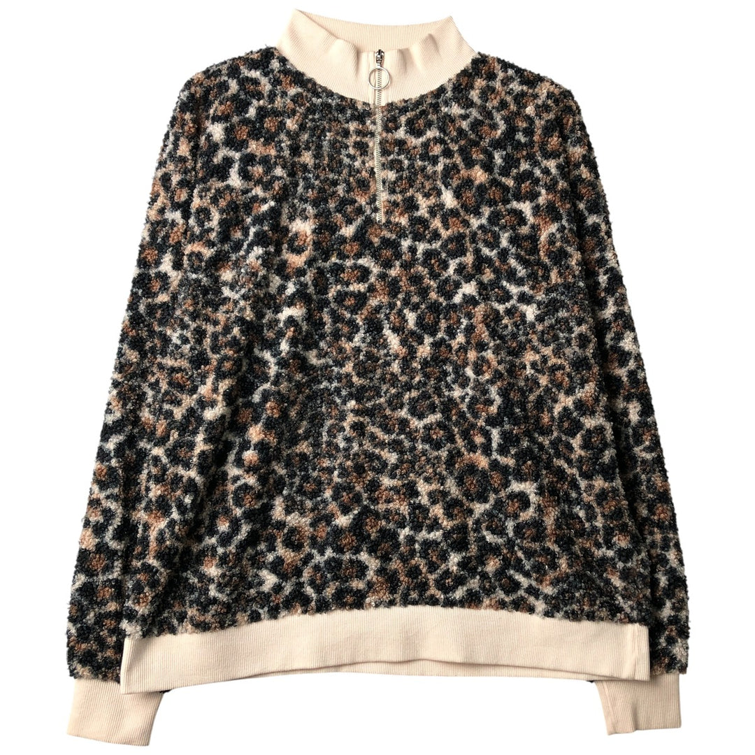 So Leopard Pattern Half-Zip Pullover Jacket, Women's Size L polyester ivory Vintage Second Hand