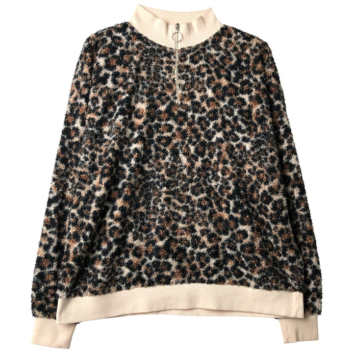 So Leopard Pattern Half-Zip Pullover Jacket, Women's Size L polyester ivory Vintage Second Hand