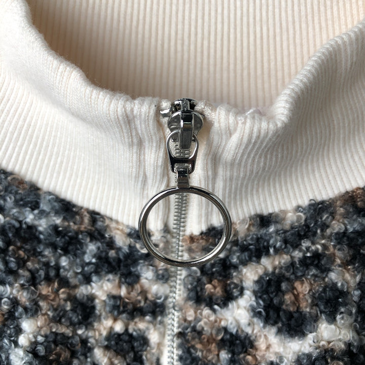 So Leopard Pattern Half-Zip Pullover Jacket, Women's Size L polyester ivory Vintage Second Hand