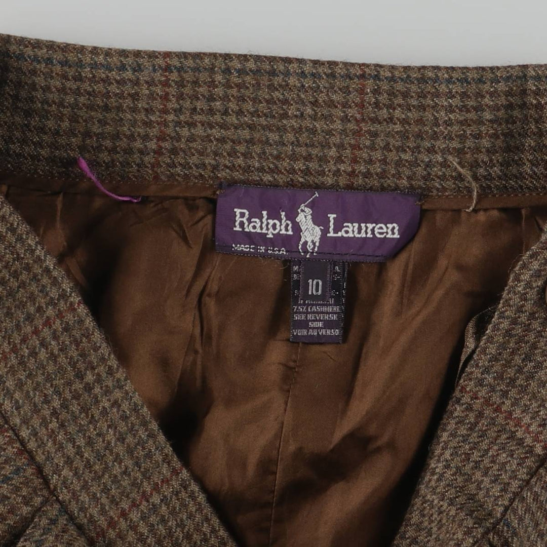 Ralph Lauren Houndstooth Pattern Cashmere-Blend Wool Midi Skirt, Made in USA, Women's Size M Lamb wool brown type Vintage Second Hand
