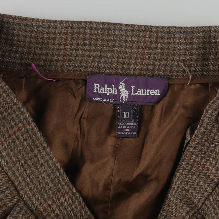 Ralph Lauren Houndstooth Pattern Cashmere-Blend Wool Midi Skirt, Made in USA, Women's Size M Lamb wool brown type Vintage Second Hand