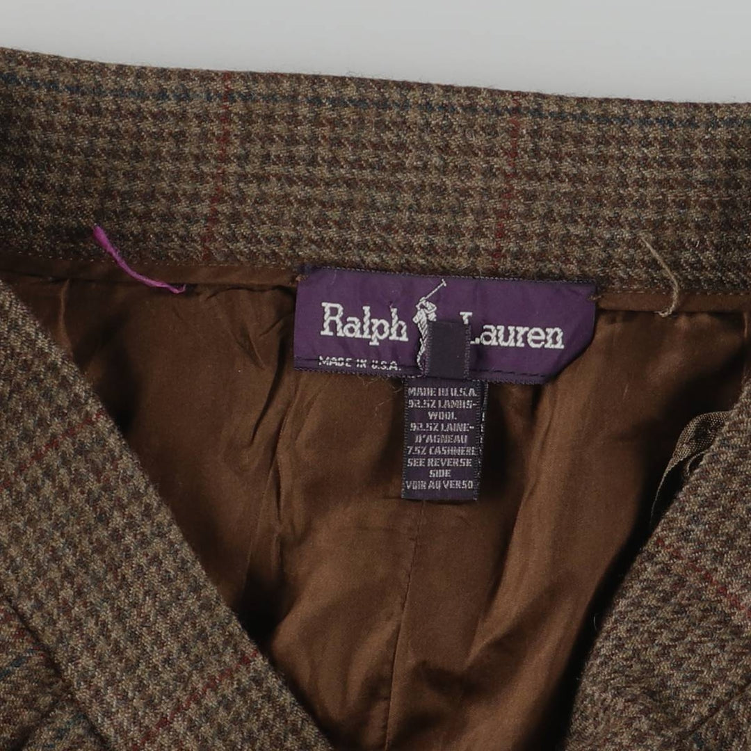 Ralph Lauren Houndstooth Pattern Cashmere-Blend Wool Midi Skirt, Made in USA, Women's Size M Lamb wool brown type Vintage Second Hand