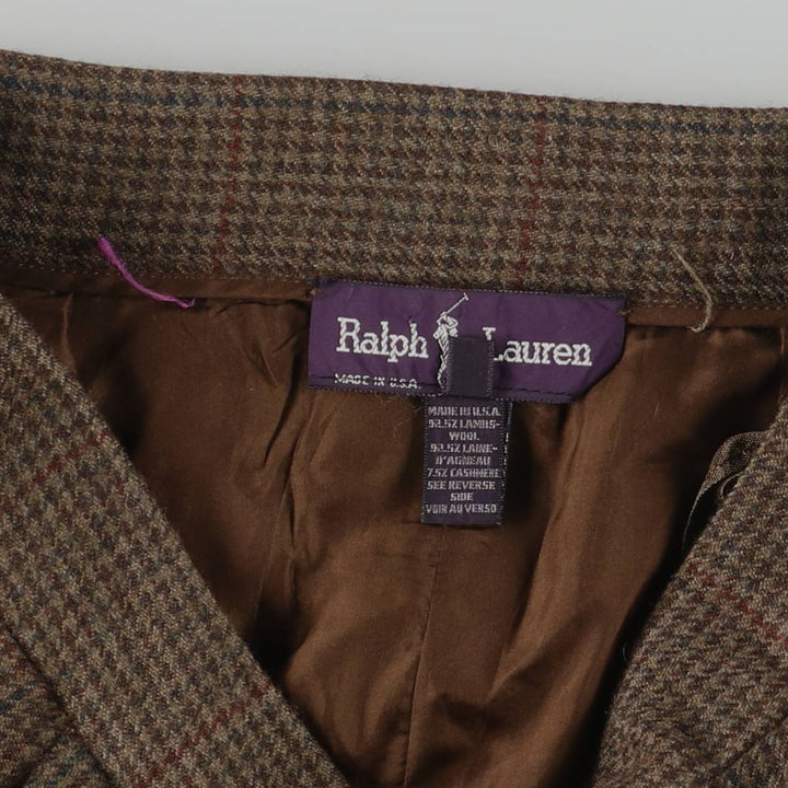 Ralph Lauren Houndstooth Pattern Cashmere-Blend Wool Midi Skirt, Made in USA, Women's Size M Lamb wool brown type Vintage Second Hand