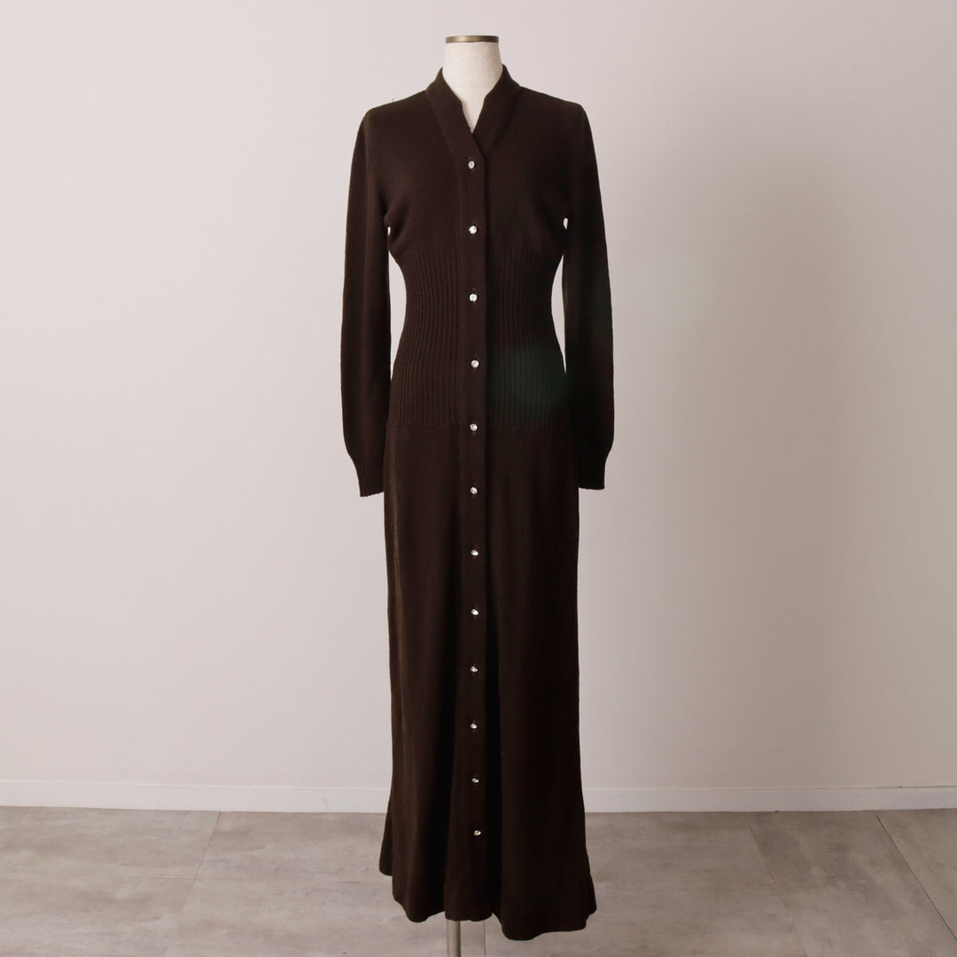 HOWARD LAWRENCE knit V-neck maxi long sleeve fitted dress, women's size L unclear brown type Vintage Second Hand