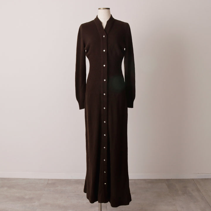 HOWARD LAWRENCE knit V-neck maxi long sleeve fitted dress, women's size L unclear brown type Vintage Second Hand