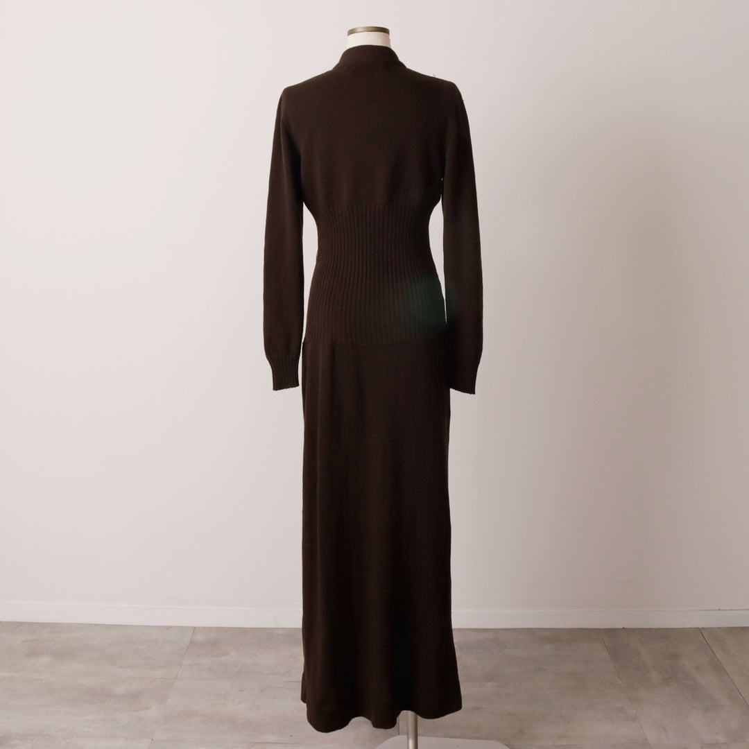 HOWARD LAWRENCE knit V-neck maxi long sleeve fitted dress, women's size L unclear brown type Vintage Second Hand