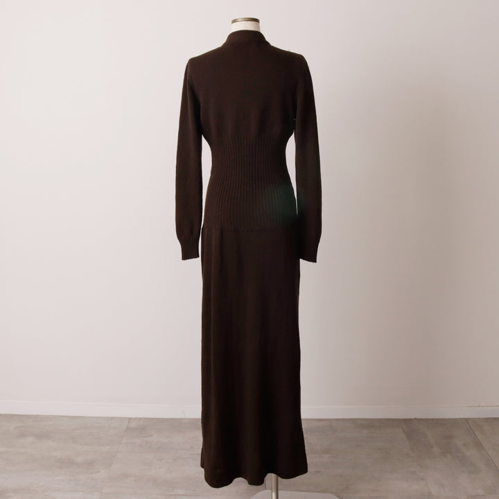 HOWARD LAWRENCE knit V-neck maxi long sleeve fitted dress, women's size L unclear brown type Vintage Second Hand