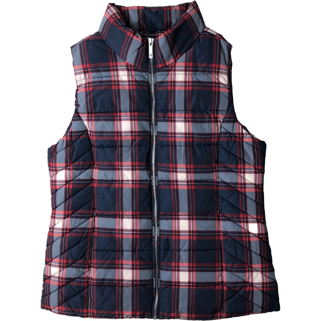 Tommy Hilfiger tartan check padded vest, size M, women's polyester navy blue type Vintage Second Hand