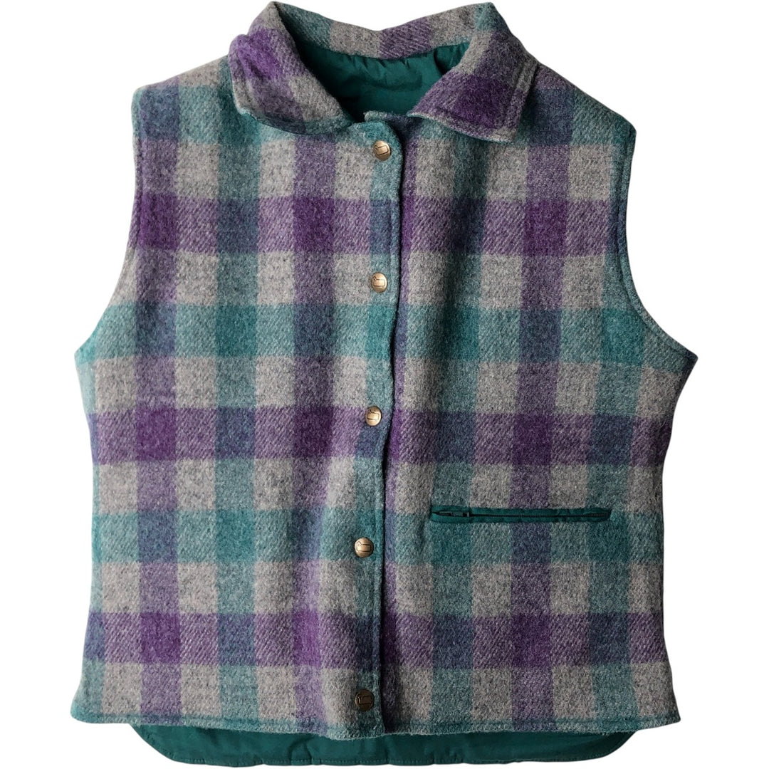 1970'S WOOLRICH Check Pattern Reversible Padded Vest, Made in USA, Women's Size M polyester green type Vintage Second Hand