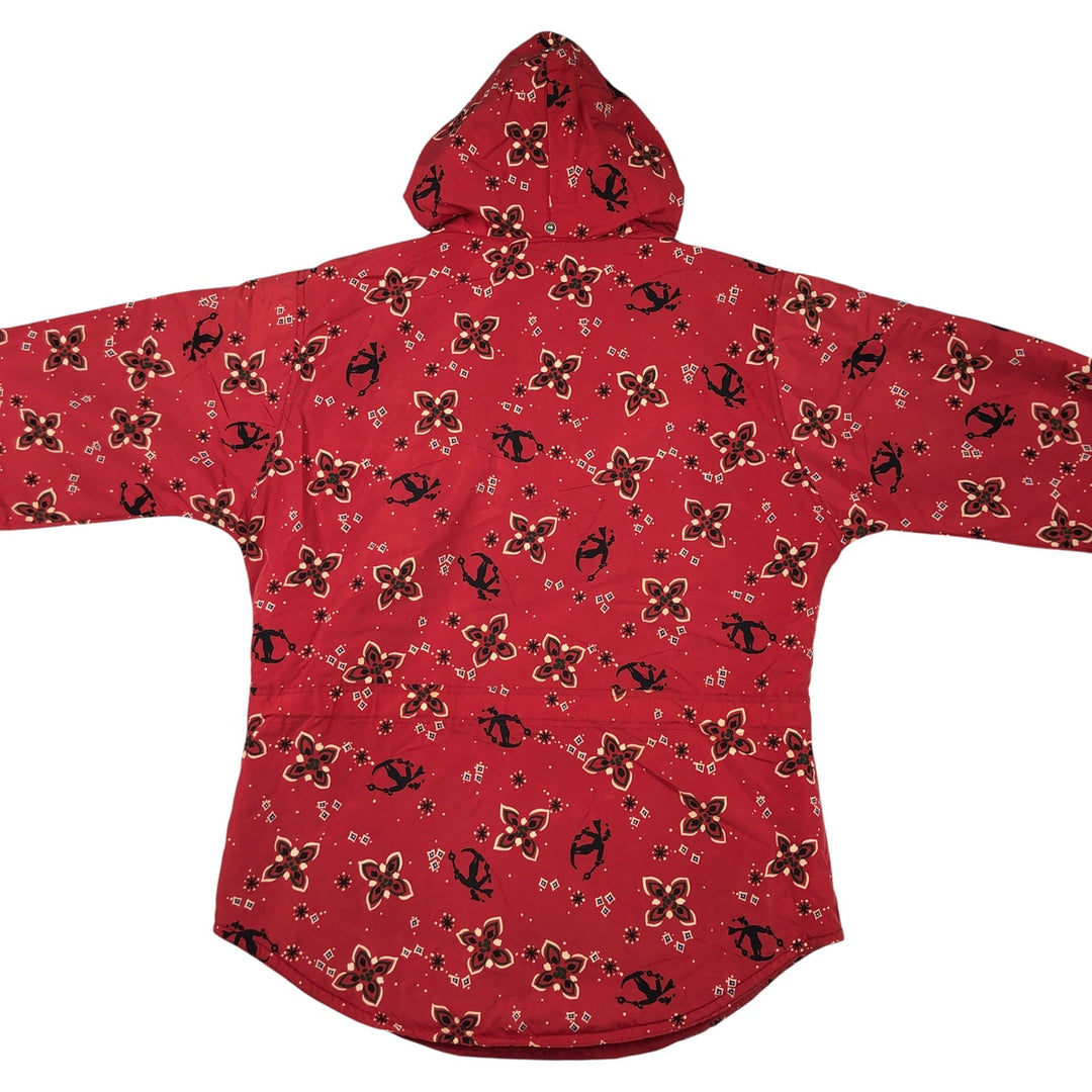 1990'S LLBean All-Over Floral Print Padded Anorak Parka Puffer Jacket, Women's Size Medium, Vintage Nylon red type Vintage Second Hand