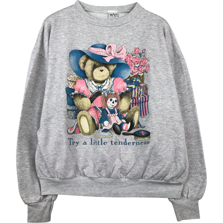 Vintage 90'S TEASE Teddy Bear Pattern Print Sweatshirt, Made in USA, Women's Size XL cotton gray type Vintage Second Hand