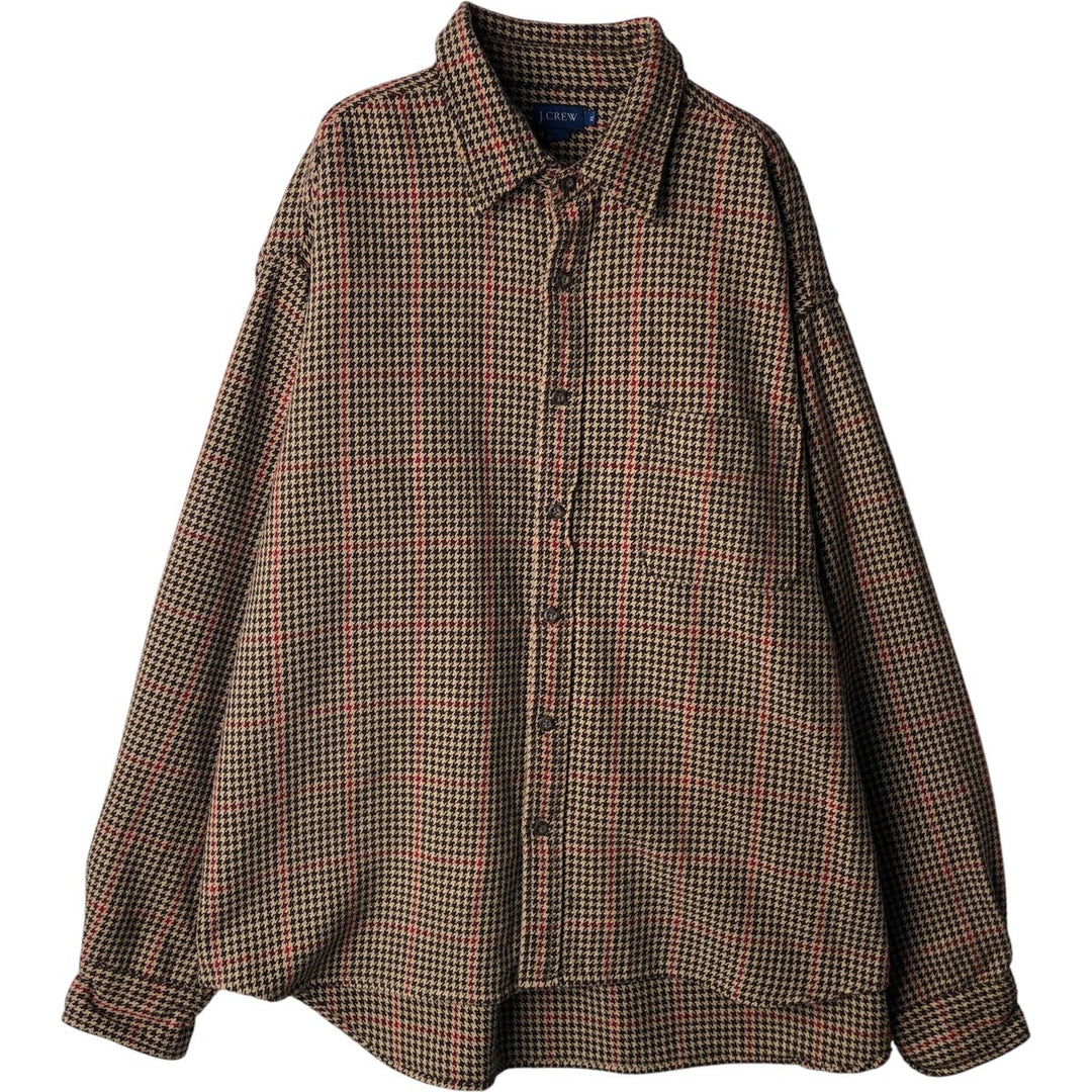 90'S J.Crew Houndstooth Pattern Long Sleeve Flannel Check Shirt, Men's Size XL, Vintage cotton Beige type Vintage Second Hand