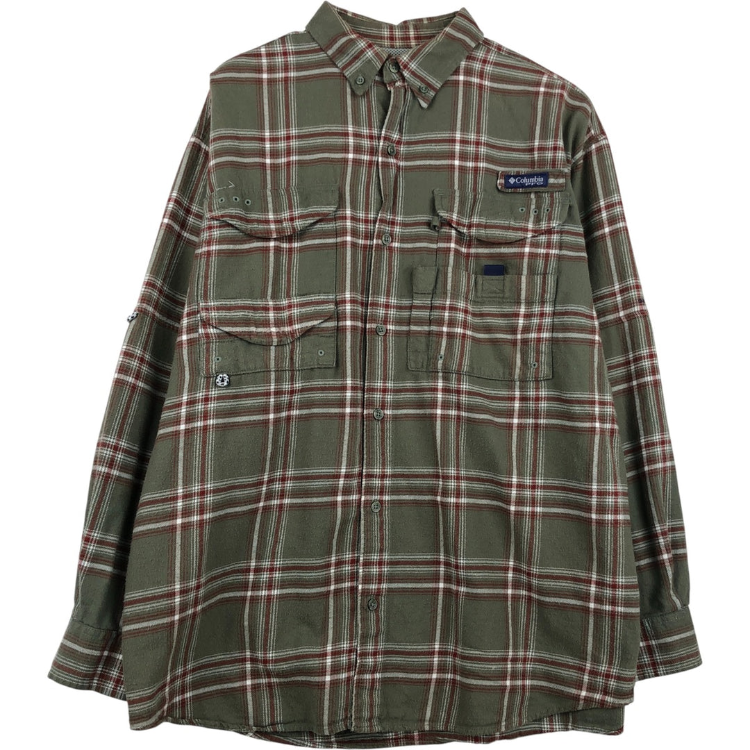 Columbia PFG Long Sleeve Button-Down Light Flannel Check Shirt, Men's Size Medium cotton Khaki type Vintage Second Hand