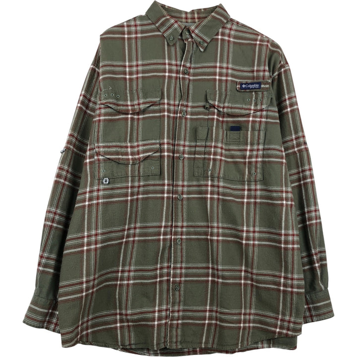 Columbia PFG Long Sleeve Button-Down Light Flannel Check Shirt, Men's Size Medium cotton Khaki type Vintage Second Hand