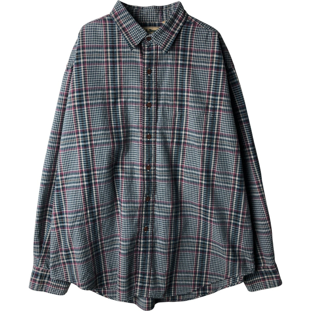 90'S LLBean Long Sleeve Flannel Check Shirt, Men's Size XL, Vintage cotton green type yellow green Vintage Second Hand