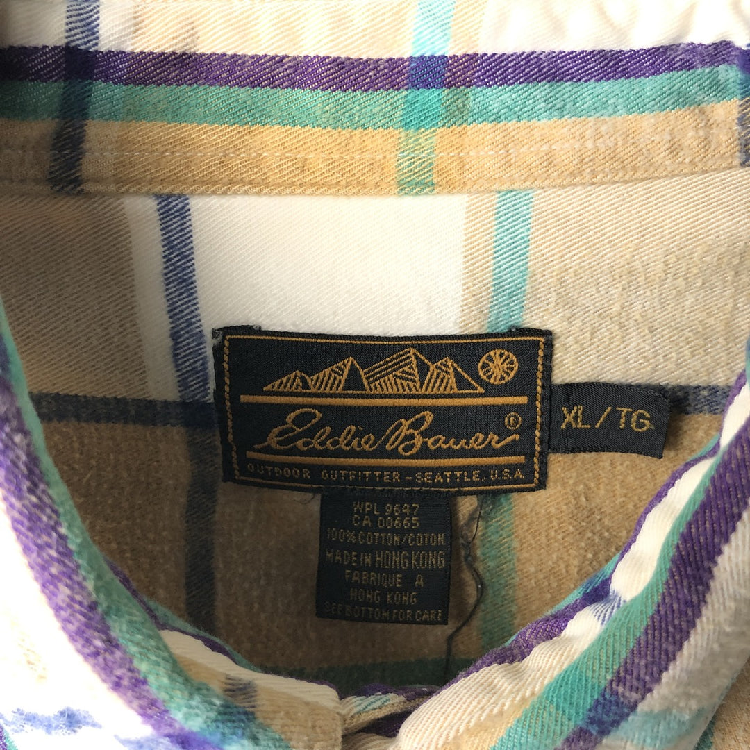 Vintage 80s-90'S Eddie Bauer black tag long-sleeved button-down flannel plaid shirt, men's size XL cotton Beige type Vintage Second Hand