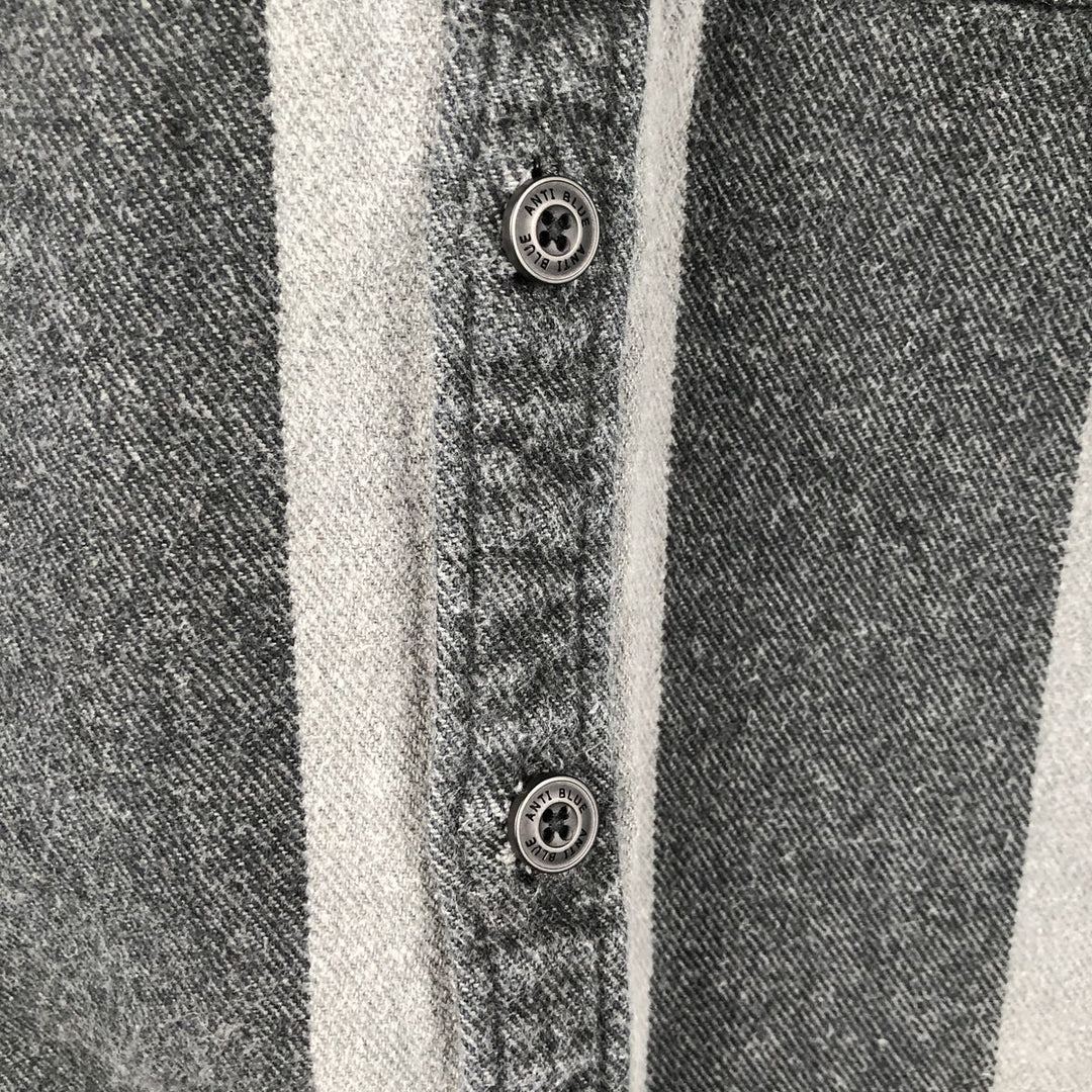 Anti-Blue Stripe Pattern Long Sleeve Flannel Shirt, Women's Size Medium cotton gray type Vintage Second Hand