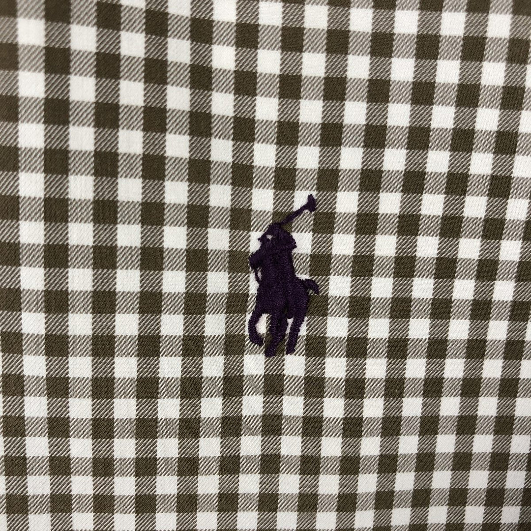 Ralph Lauren POLO by Ralph Lauren CUSTOM FIT Gingham Check Long Sleeve Button-Down Check Shirt, Men's Size Medium cotton Khaki type Vintage Second Hand
